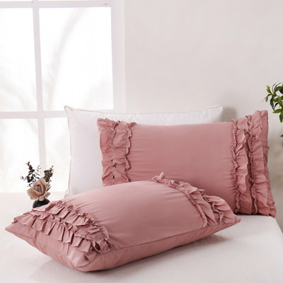 Bean Pink Ruffle Pillow Shams,Queen Size Pillowcase Set of 2,20x30 inches Standard Pillowcases,French Country Vintage Ruffled Pillowcase 2 Pack, Soft Washed Microfiber