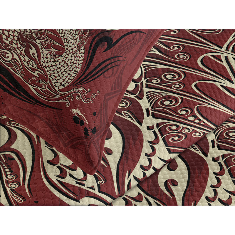 Queen Size White Quilted Bedspread Set with Dragon Design