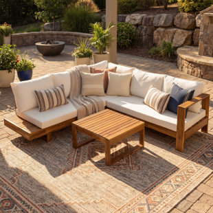 Outdoor 4-Piece Acacia Wood L-Shaped Sectional Patio Sofa Set with Coffee Table, Weather-Resistant Cushions