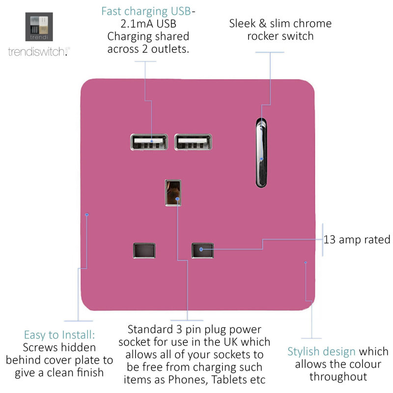 Trendi Switch 1 Gang USB 2100mA Plug Socket, Pink