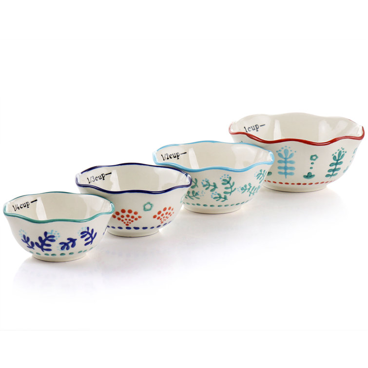Creative Co-op Floral Handmade Stoneware Measuring Cups Set 4