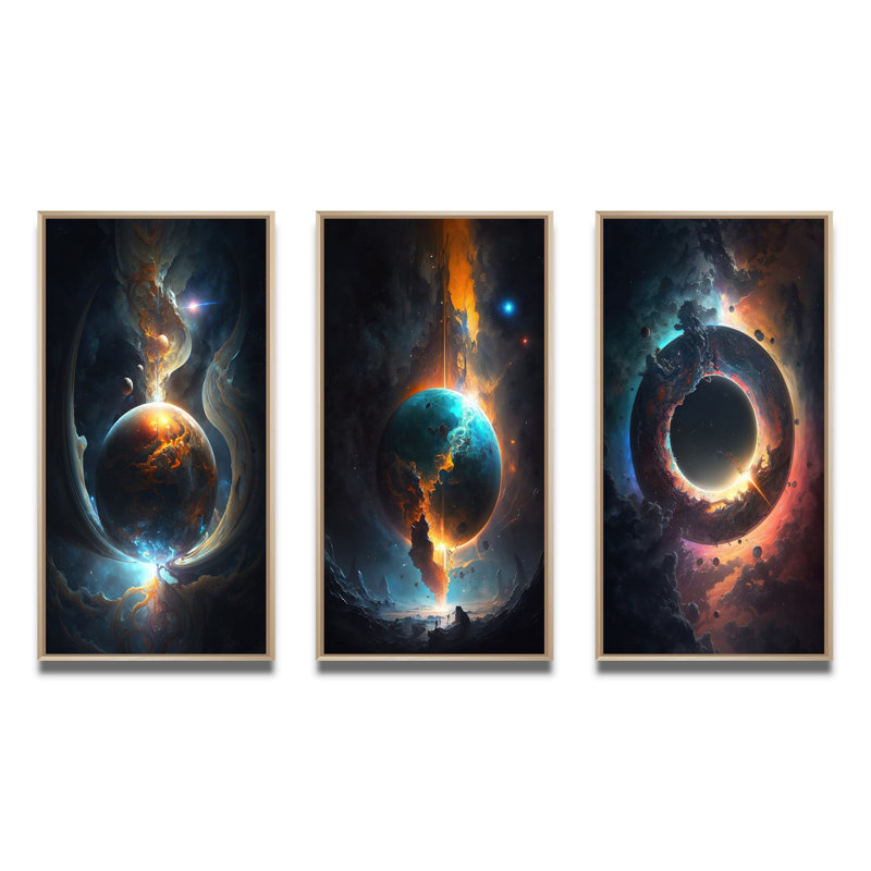 «Deep Space Planet Fusion», 3 pièces sur toile, Brun, H 32 po x l 48 po
