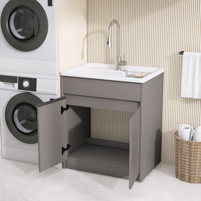 30 Inch Kitchen Sink Laundry Soild Surface Sink With Standing Storage Cabinet With Large Space,Light Brown