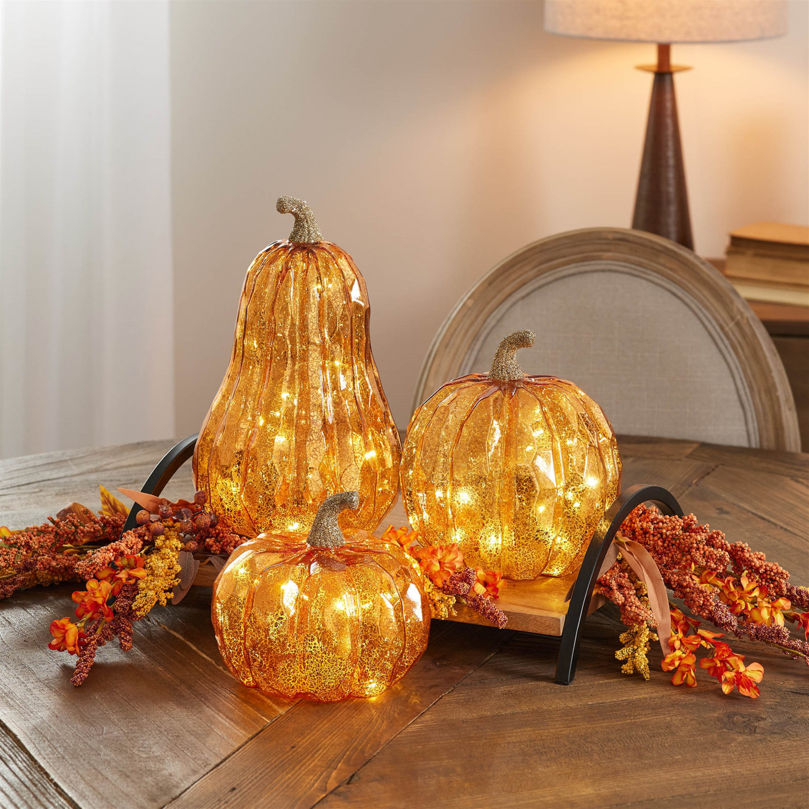 Lighted Mercury Glass Pumpkin Holiday Accent