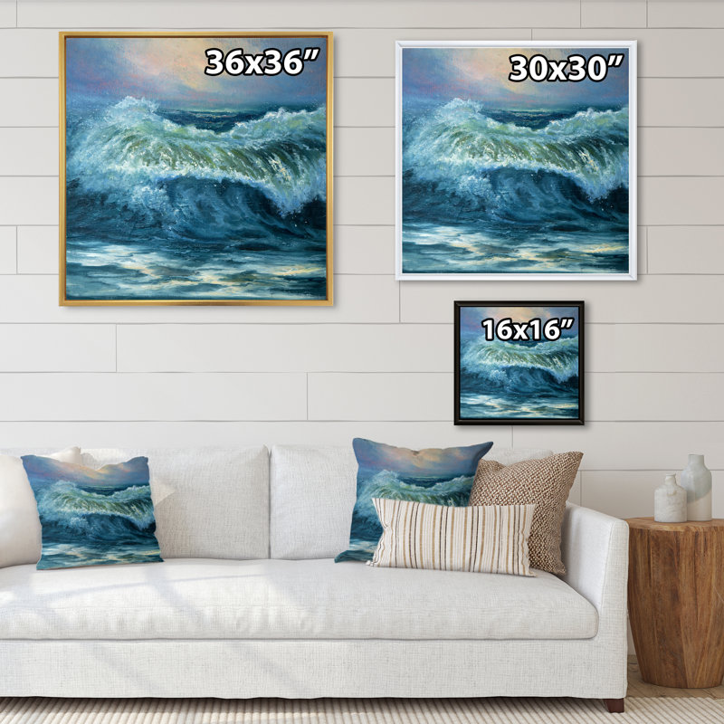 " Wild Blue Ocean Waves XIX ", 16" H x 16" W x 1" D, Black Floater Framed Canvas