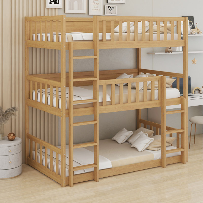 Triple Wood Bunk Bed, With Ladders, Guardrails, White Oak