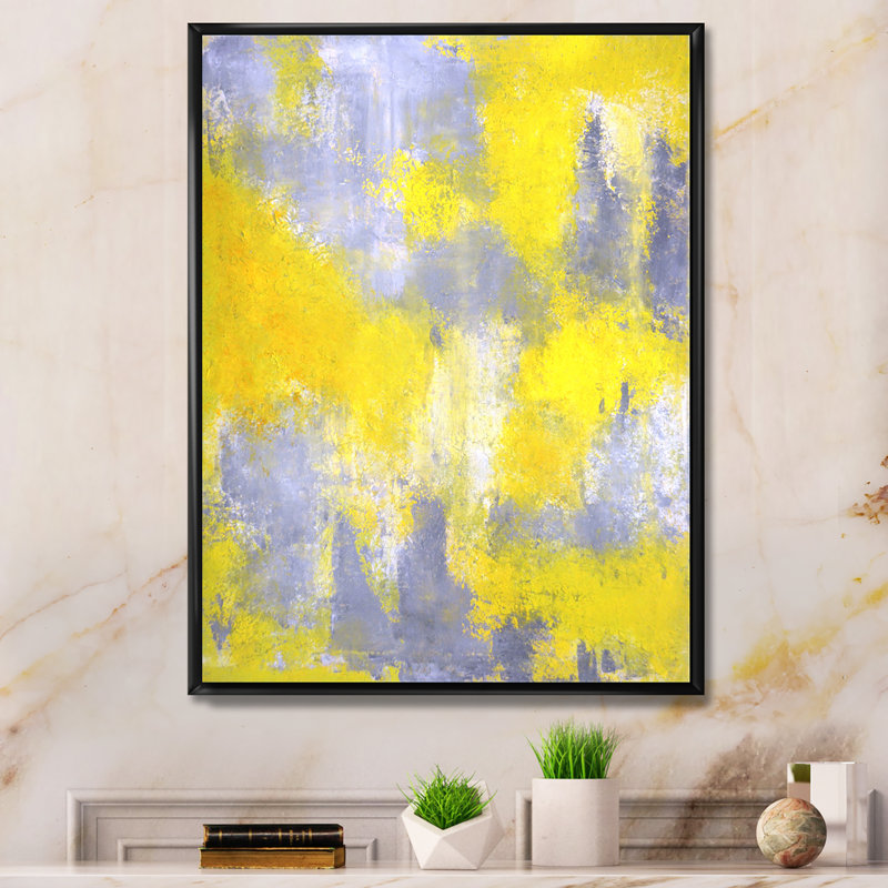 Gris et jaune fusionnant abstrait X - Peinture sur toile, H 20 po x l 12 po x P 1 po, Cadre flottant noir