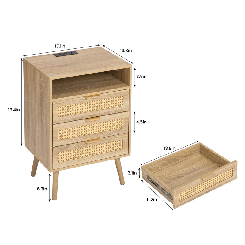 Table de chevet 3 tiroirs en rotin avec lumière DEL et prise de recharge, Individuel
