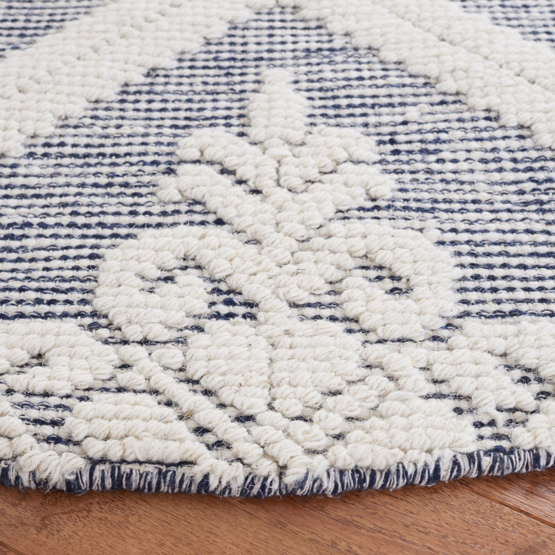 Tapis ivoire / bleu marine en laine tissé à la main Engelmann, Rectangle de 5 pi x 8 pi