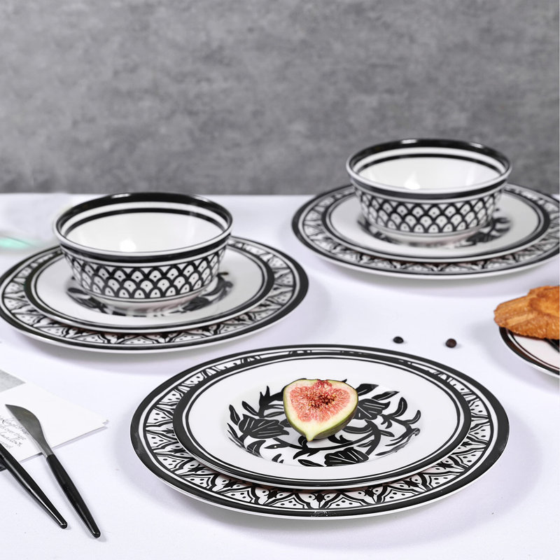 Black and White Melamine Dinnerware Set, Service for 4