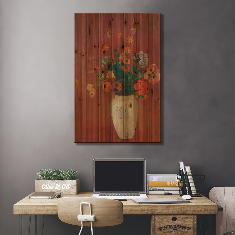 Bouquet dans un vase chinois sur bois par Odilon Redon, H 26 po x l 18 po x P 1,5 po
