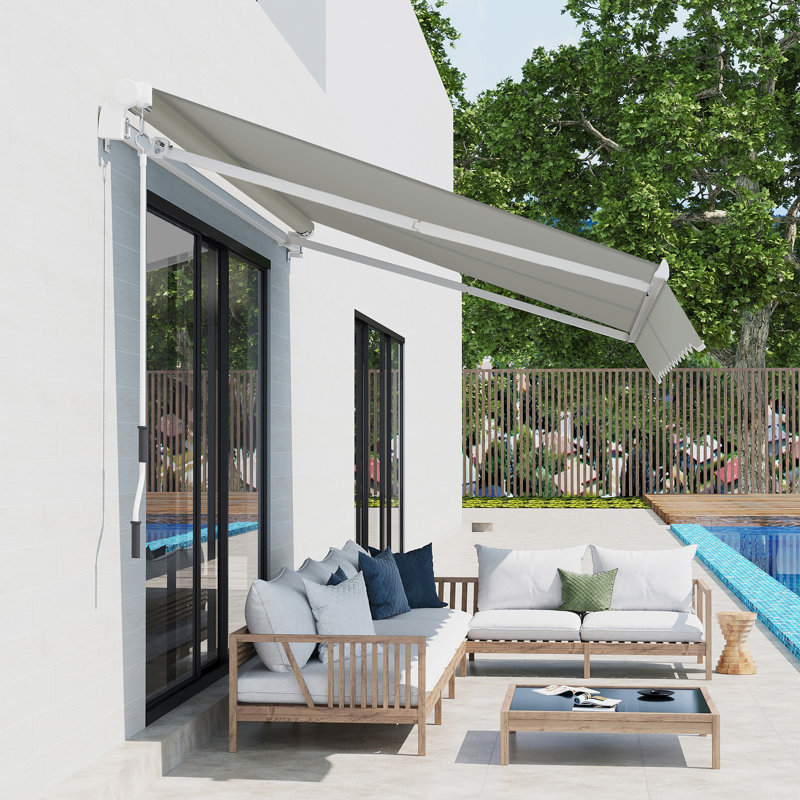 Auvent rétractable pour terrasse 8 pi x 7 pi avec manivelle facile et quincaillerie incluse, gris, Gris