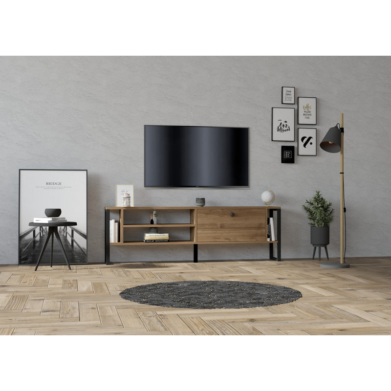 Meuble télé élégant avec plusieurs tablettes, noyer, 63,0 po x 19,8 po x 9,6 po | 100% panneau de particules enduit de mélamine, épaisseur: 0,7 pouce | Vaste espace de rangement pour le salon moderne et les besoins de divertissement