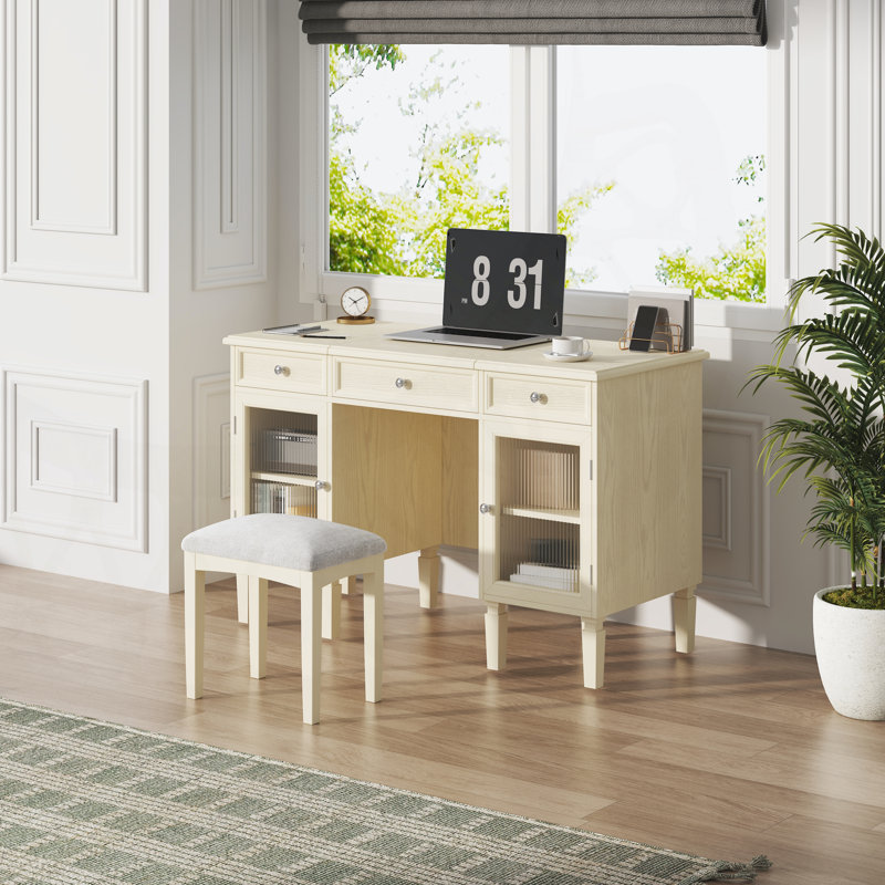Ensemble de coiffeuse 2 en 1 avec miroir rabattable, ensemble de coiffeuse avec tiroir et armoire, multifonctionnel pour bureau et chambre à coucher, chêne blanc