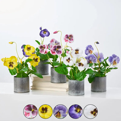 Pensée artificielle réaliste, plante d'intérieur dans une boîte en métal galvanisé - Blanche