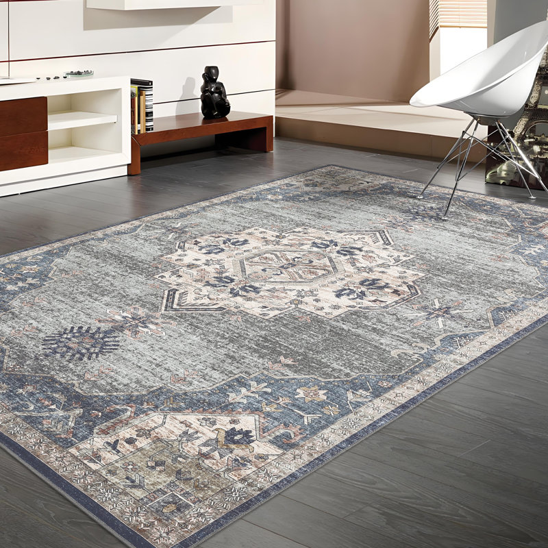 Washable Rugs for Living Room Bedroom Area Rug Boho Vintage Oriental Floral Print Rug Stain Resistant Carpet for Kitchen Laundry Non-Slip Low Pile Floor Carpet Indoor Soft Floor Mat Home Hallway Long Rug Office Apartment Decor