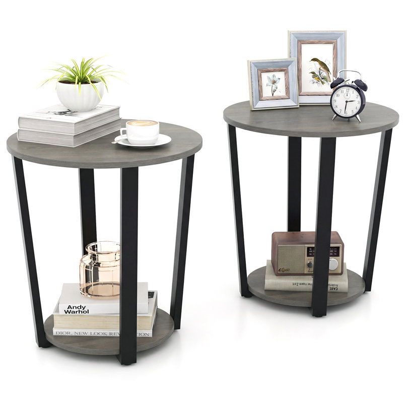 Ensemble de 2 tables d'appoint rondes à 2 niveaux, avec tablette de rangement, structure en métal et fini chêne gris., 2