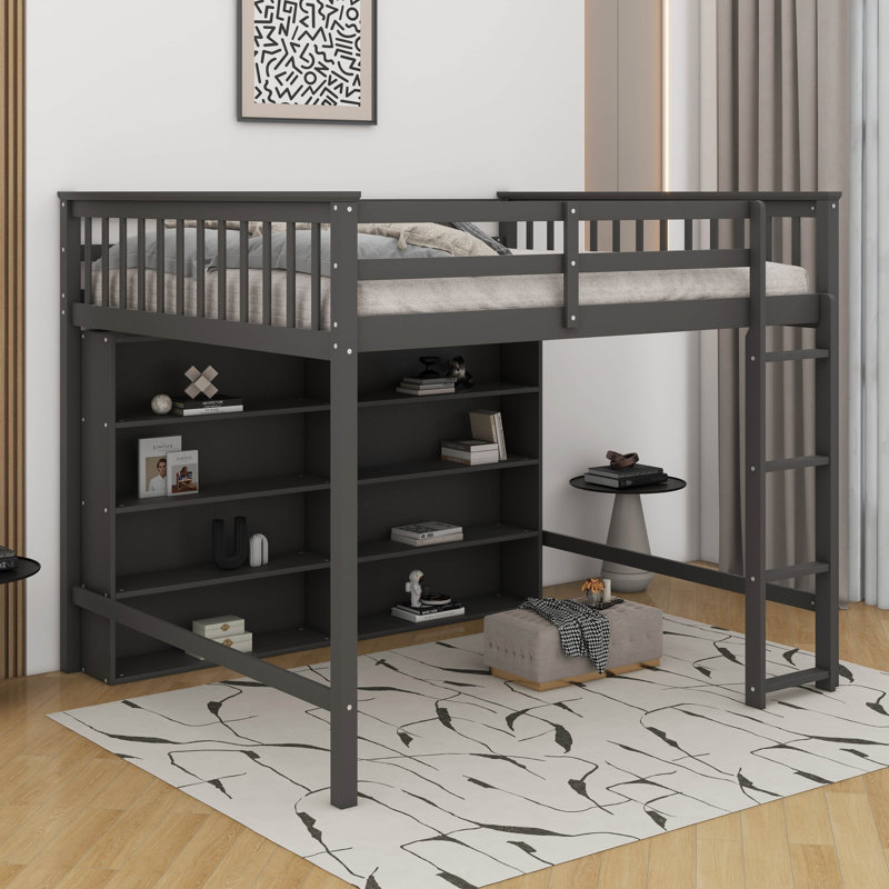Lit mezzanine double avec tablettes, Gris antique