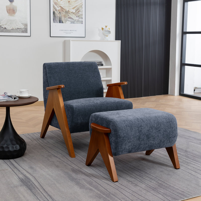 Upholstered Armchair with Footstool, 1, Blue