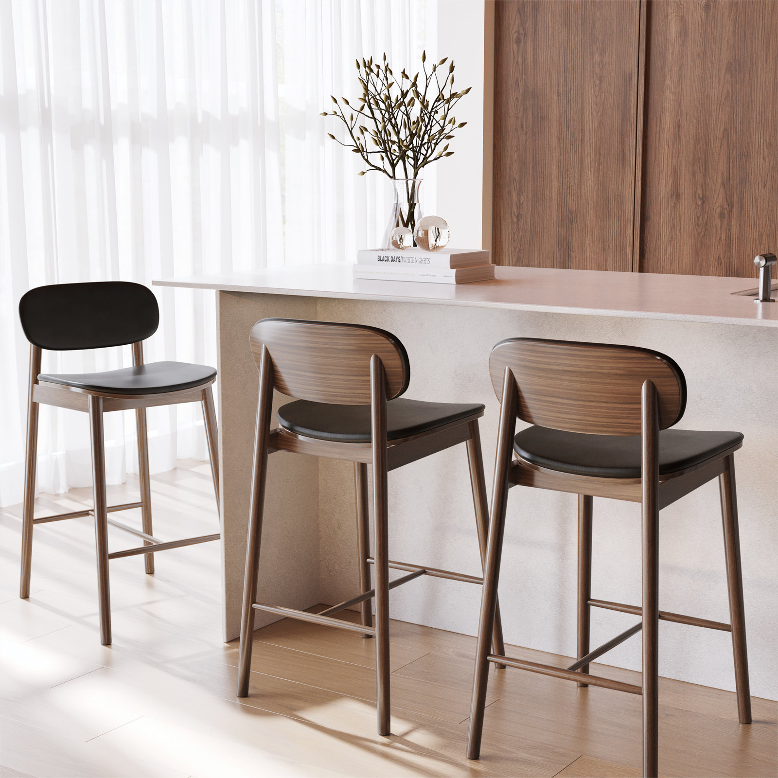 26" Genuine Leather Bar Stool, Black Leather//Walnut Frame