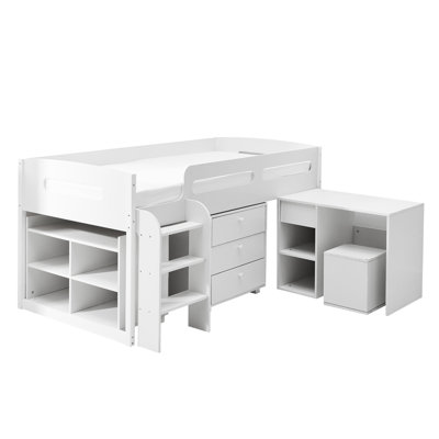 Makena Kids UK Single - Cabin Bed Frame Single Mid Sleeper With Drawers Desk Bookshelf
