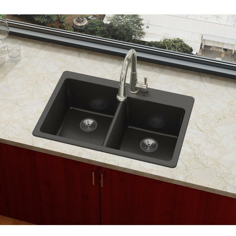 Black Quartz Kitchen Sink Double Bowl Drop-In Sink with Drain Board