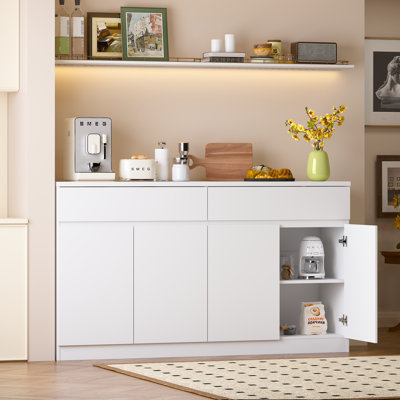 Sideboard Buffet Cabinet with Storage,Large Kitchen Storage Cabinet with 2 Drawers and 4 Doors, Wood Coffee Bar Buffet Table for Kitchen Dining Room, White