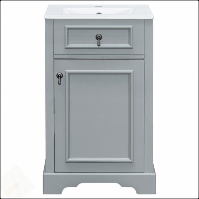 Meuble-lavabo de 20 pouces avec lavabo en céramique, porte à fermeture douce, tablette réglable et support de rangement fixé à la porte - idéal pour les petites salles de bain