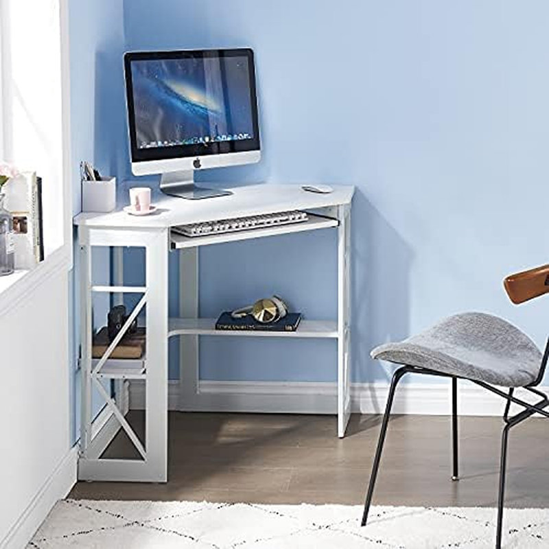 Bureau d'ordinateur de coin - Table triangulaire compacte blanche avec plateau à clavier lisse et tablettes de rangement pour bureau et bureau