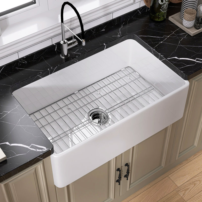 Kitchen Sinks 36 Inch Fireclay Farm Sink Single Bowl with Luxury Bottom Grid & Strainer Drain, White