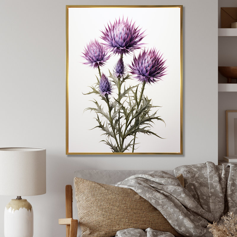 Rustique mauve et Whitethistle - chardon, art mural, Cadre flottant doré, H 32 po x l 16 po x P 1 po