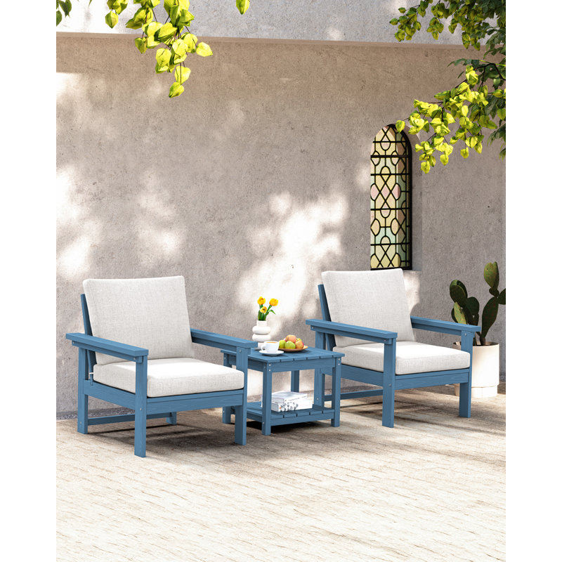 Reata HDPE 2-Person Conversation Set With Double-Tier Side Table and Cusions, White, Navy