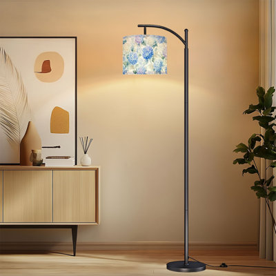 Arc Floor Lamp with Adjustable Lampshade Delicate Blue Hydrangea Flower Soft Green Leaves Standing Lamp 3 Color Temperatures Dimmable Tall Pole Lamp with Foot Switch for Bedroom