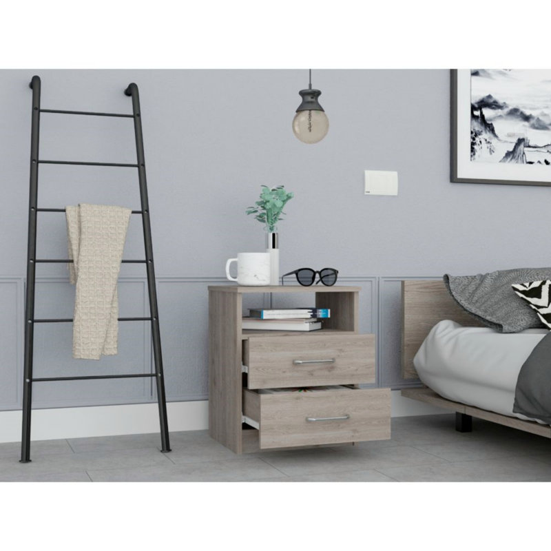 Table de chevet, table de bout, plateau supérieur, deux tiroirs, une tablette, table de chevet, Gris
