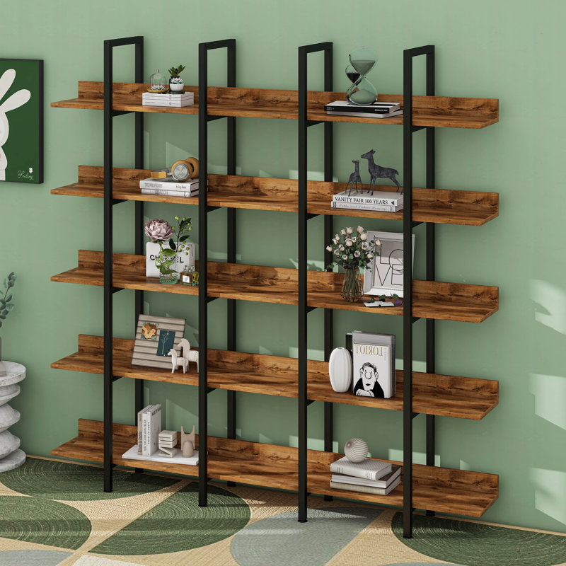 5 Tier Bookcase With Metal Frame, Open Book Display Shelf, Brown