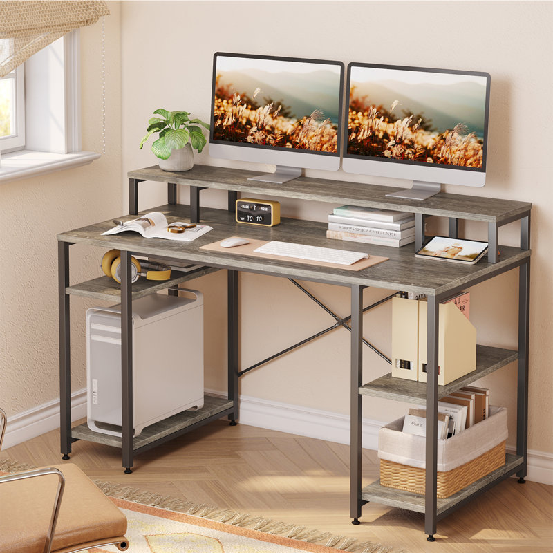 Kinslee 55inch Computer Desk with Monitor Stand, Grey Wash