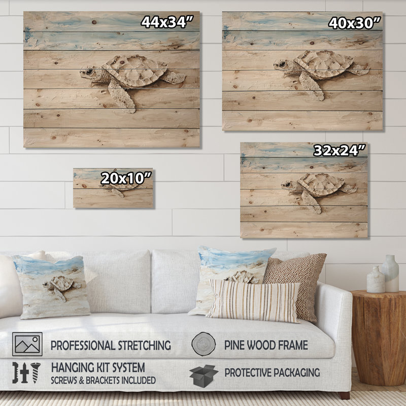 Minimal Turtle By The Beach - Art mural moderne en bois sur bois de pin naturel, H 24 po x l 32 po