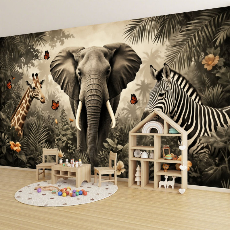 Peler et coller le papier peint, éléphant, jungle sauvage, girafe, zèbre, papillons, art mural auto-adhésif et amovible