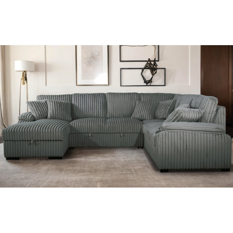Corduroy U-Shape Sectional With Pull Out Bed & Storage Chaise + 6 Pillows, Gray Corduroy, Left Hand Facing