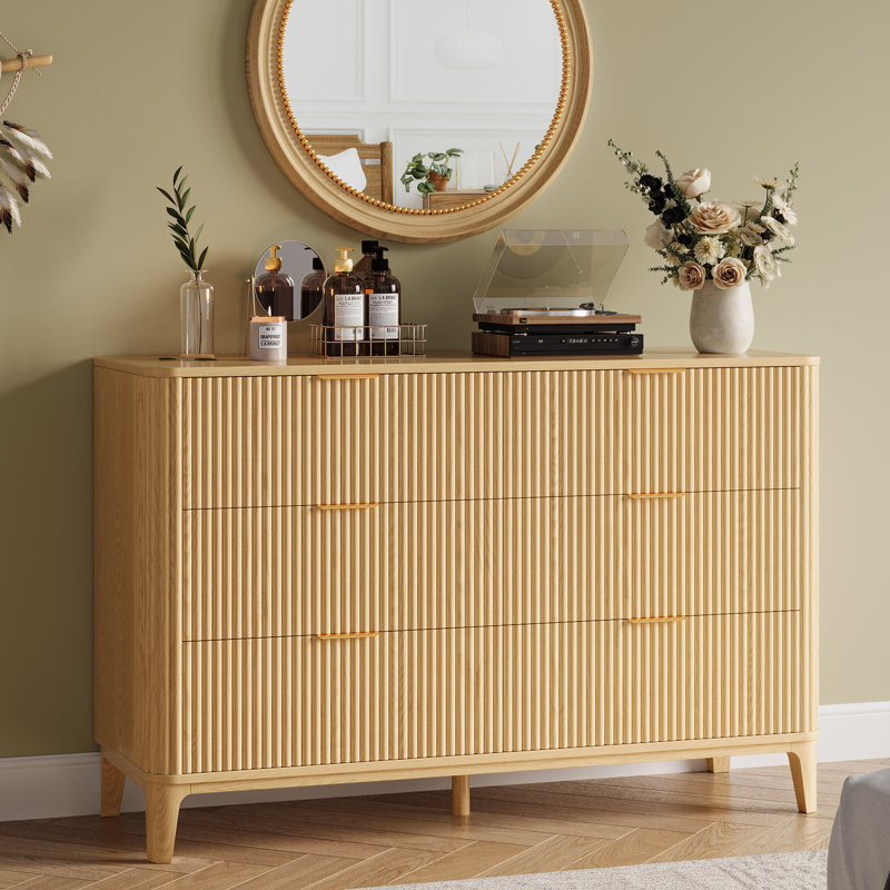 Fluted Dresser For Bedroom With 6 Drawers, 45.2" Wide Modern Chest Of Drawers With Metal Handle, Natural