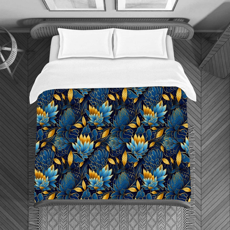 Machine Printed Duvet Cover, Queen Duvet Cover, Blue/Gold