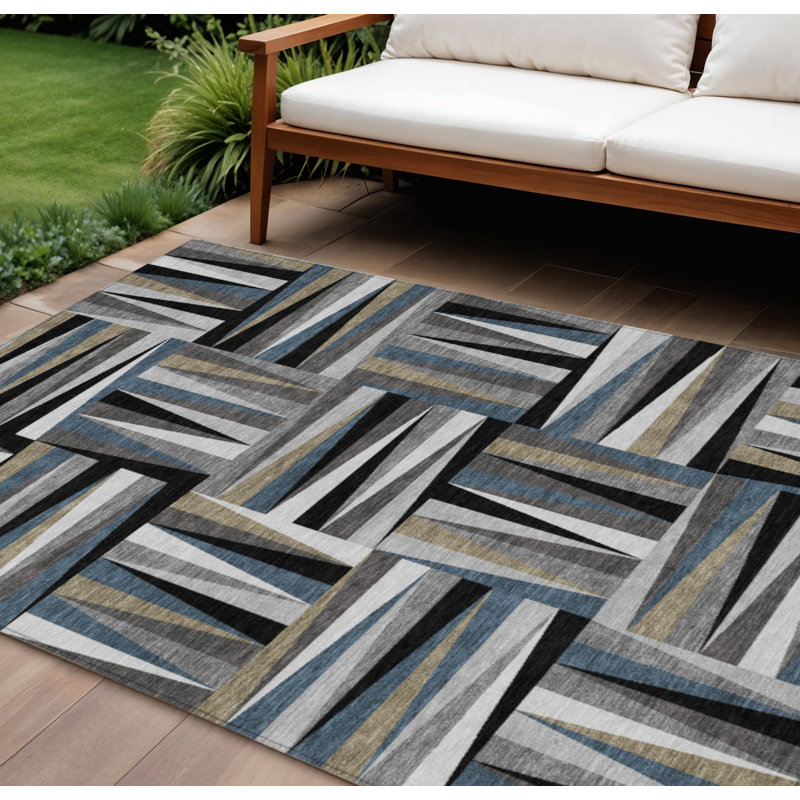 Tapis extérieur lavable à motif géométrique noir et ivoire 10 pi x 14 pi