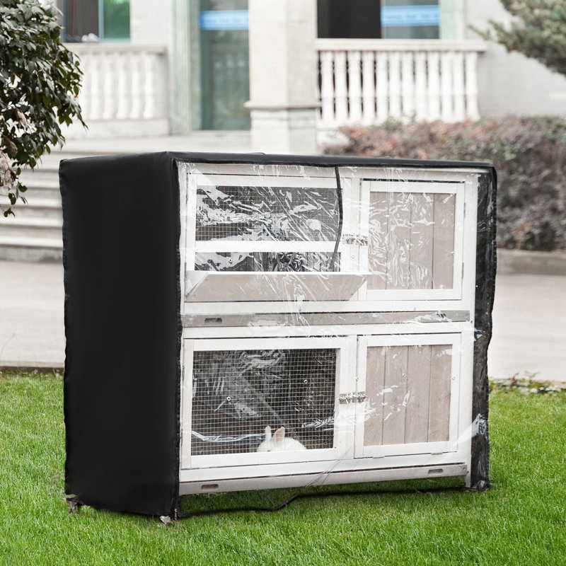 Two-Tier Wooden Rabbit Hutch with Wheels Trough Rain Cover Tray
