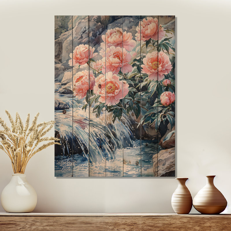 Pivoines hivernales et la rivière Glacier III - Décoration murale en bois de pivoines - sur bois de pin naturel