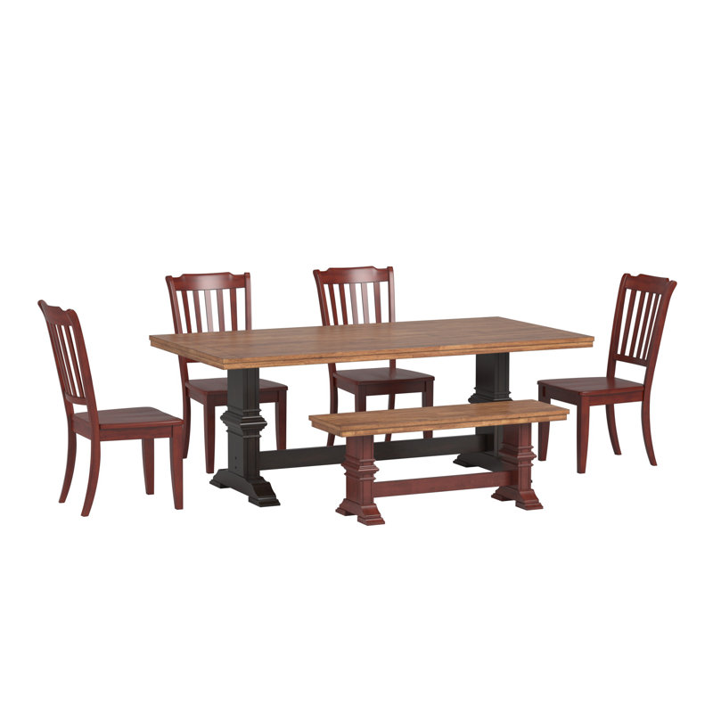Fortville 78" Solid Wood Oak Finish Top Dining Set With Spindle Back Chairs - 6-Piece, Antique Black Base Table, Antique Red Base Chairs And Bench