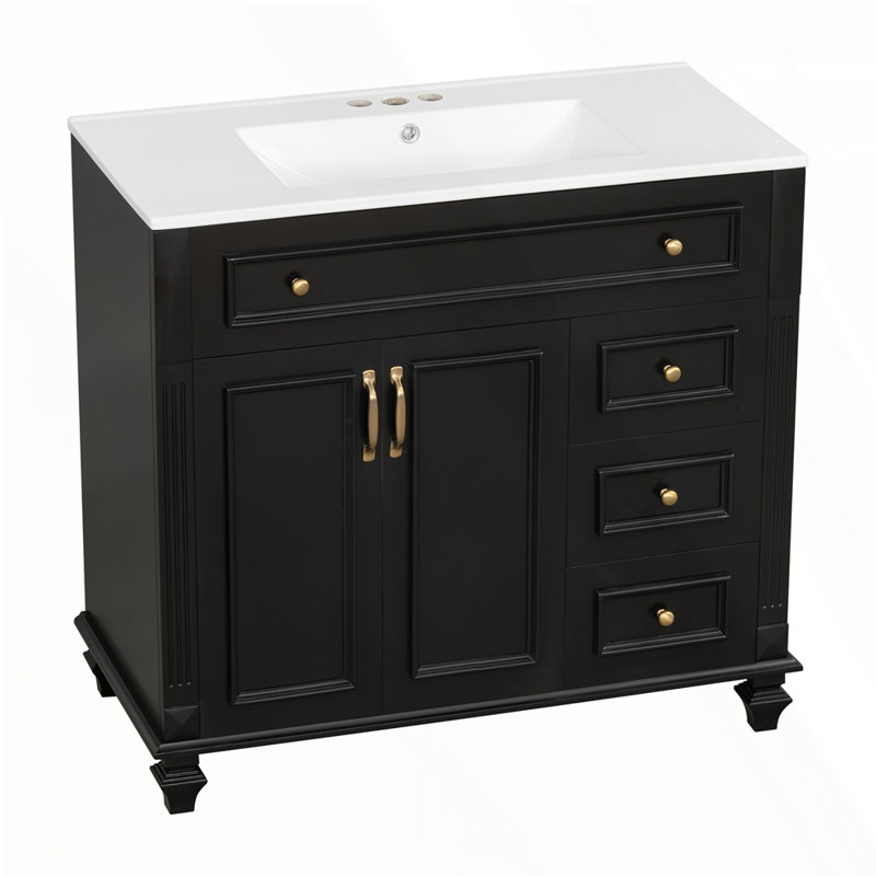Meuble-lavabo 36 po avec lavabo, Noir, Doré