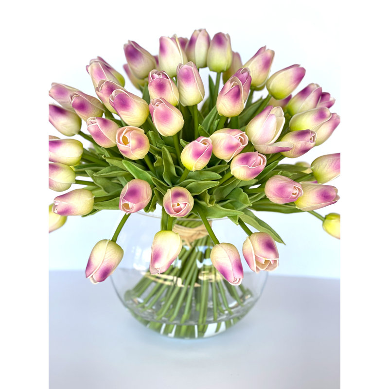 Arrangement floral moderne 60 tulipes, Rose / Vert