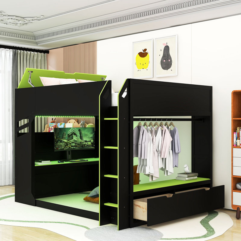 Lit mezzanine avec bureau à hauteur réglable, lumières RVB, tiroirs et tringle, Vert