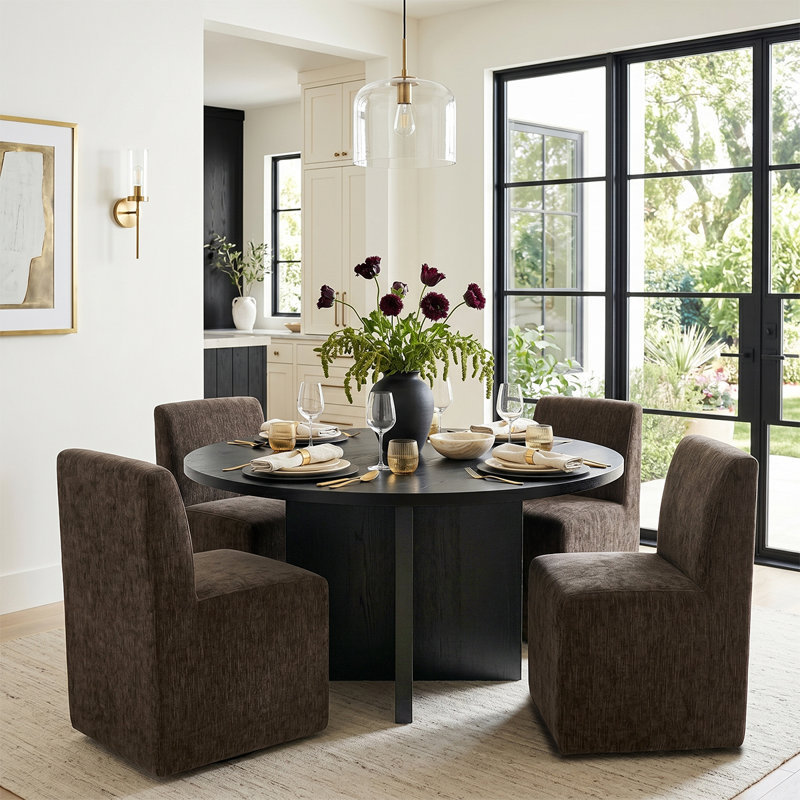 Ensemble de table de salle à manger 5 pièces avec chaises rembourrées entièrement assemblées sur roulettes, Brun
