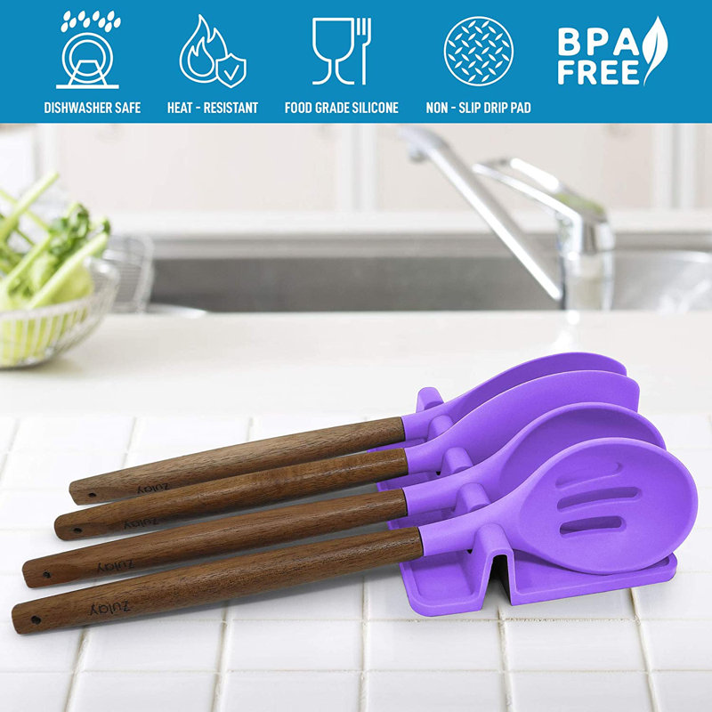 Support à ustensiles en silicone avec plateau anti-gouttes pour ustensiles multiples sans BPA Zulay, Lavande